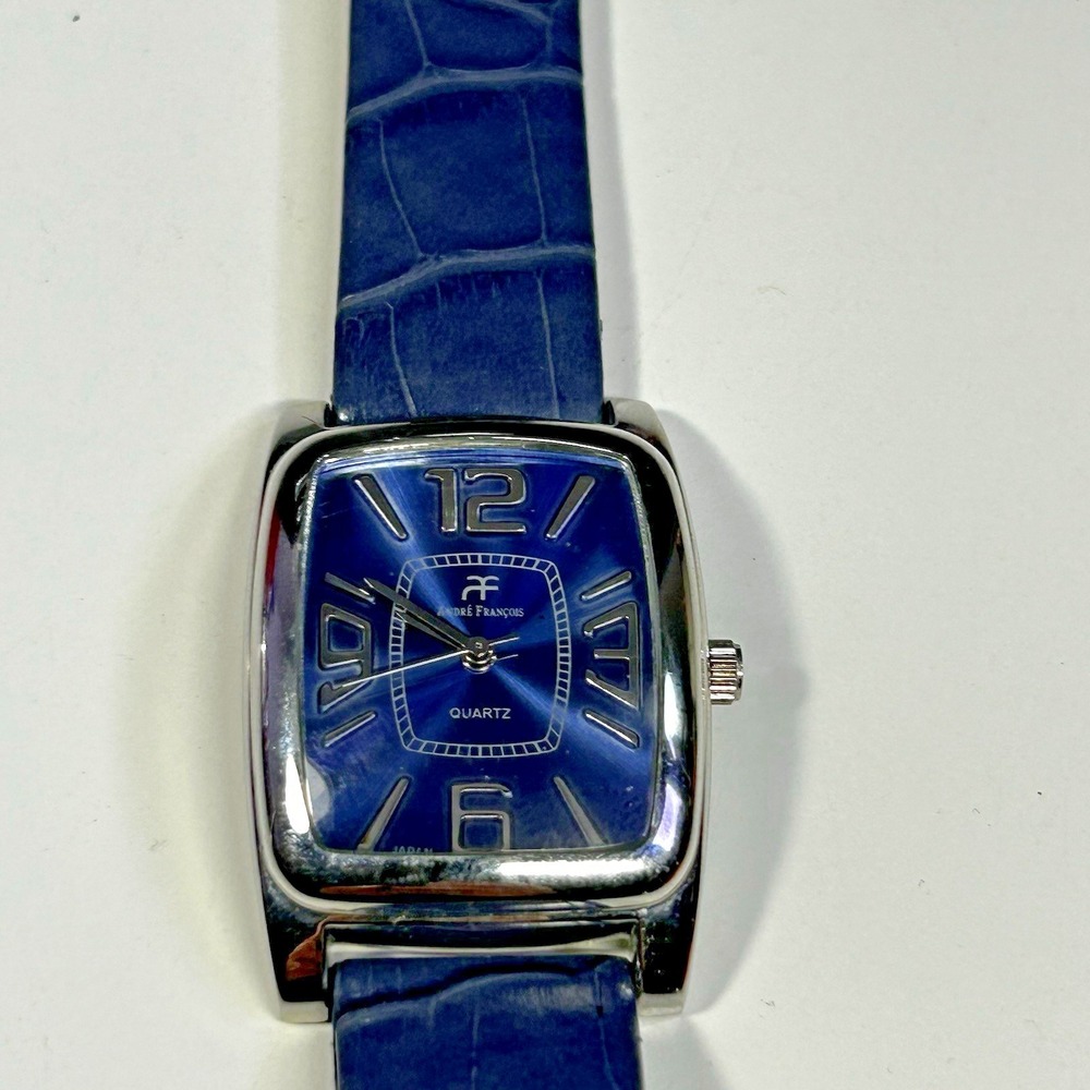 André François Blue Square Quartz Watch Silver Tone Case Blue Strap Tested